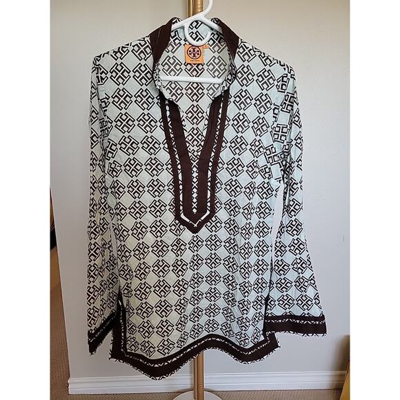 Tory Burch Women’s Blue & Brown Trim Boho Logo Print Long Sleeve Tunic 8 - Picture 1 of 12